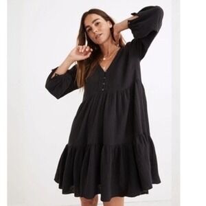 Madewell Gauze Babydoll Mini Dress Long Sleeve Lightspun Colette Black Boho Sz 8